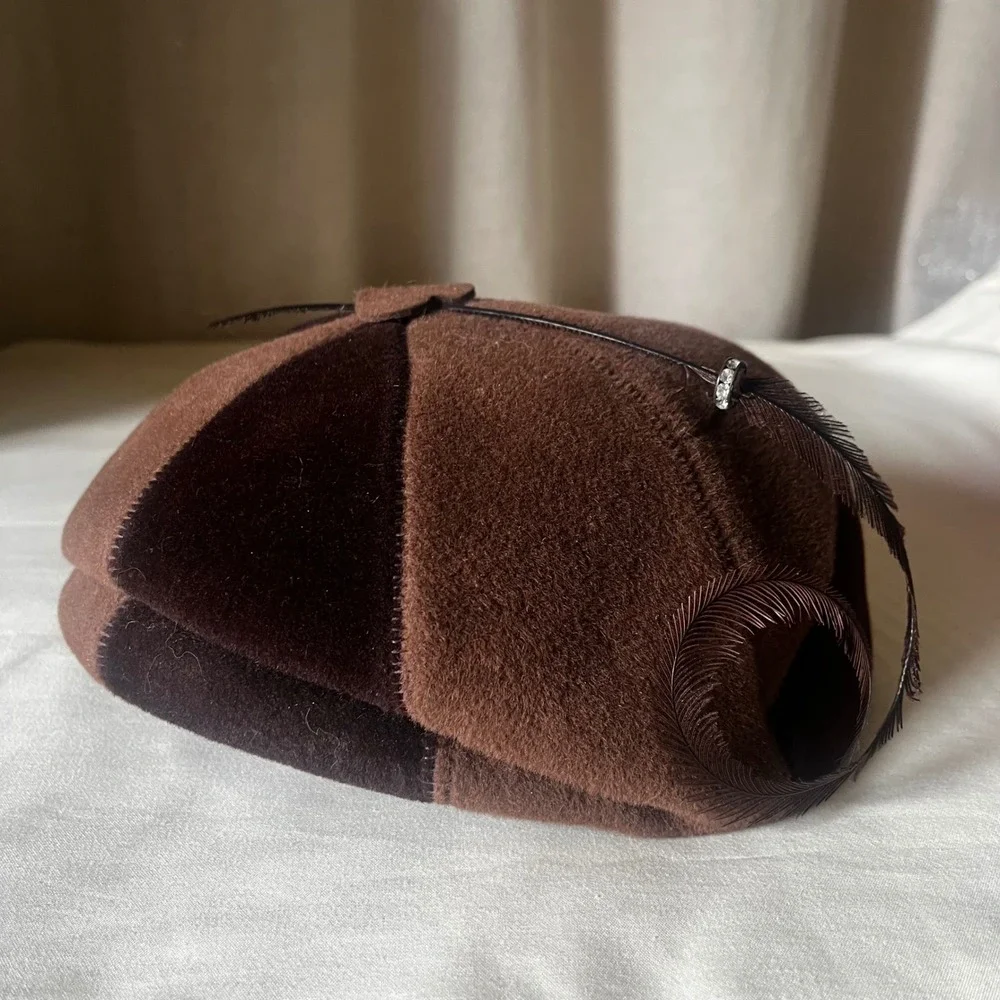 Vintage 1950s Brown Velour Cocktail Hat Feather Fascinator Small